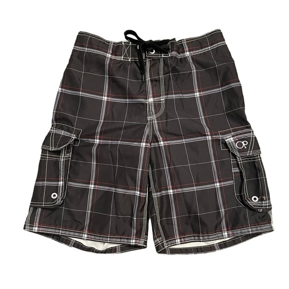 OP Black White Red Board Shorts Swim Trunks Windowpane pattern mesh lining Med - Picture 1 of 13